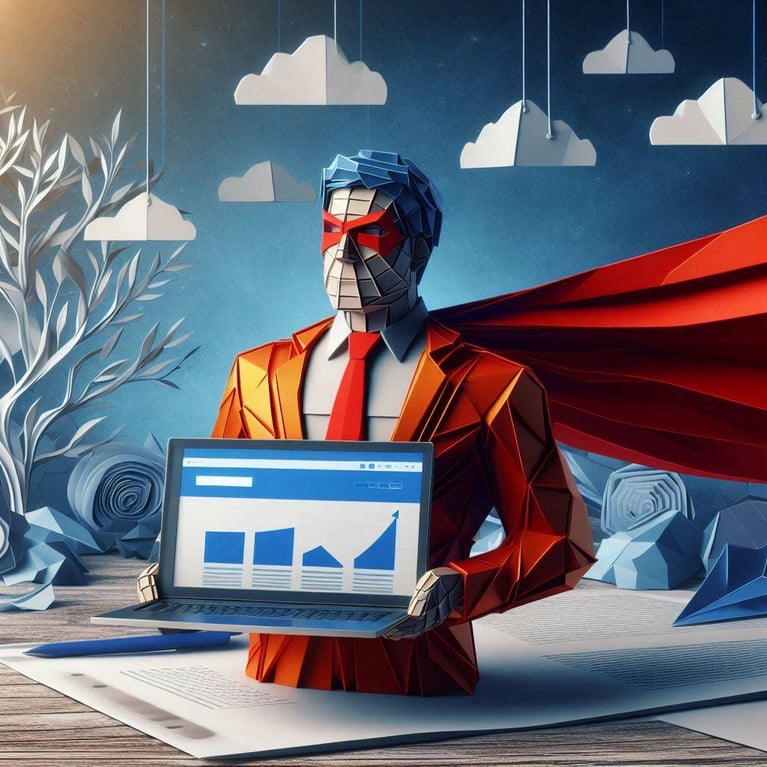 An origami-style superhero showing websites to a client.