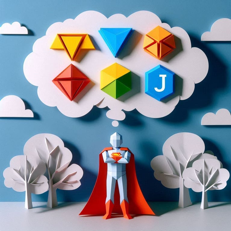 An origami-style superhero thinking about web languages.