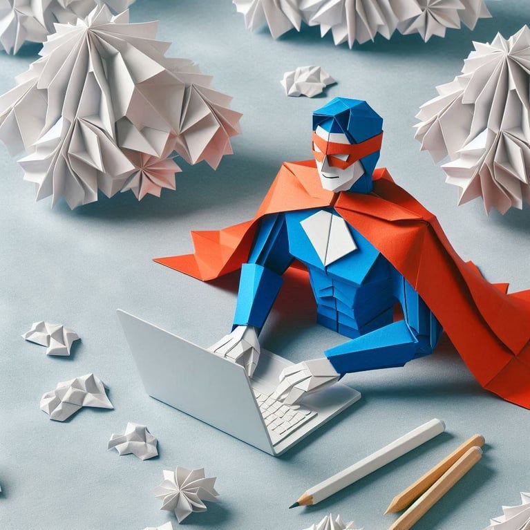 An origami-style superhero writing content on a laptop.