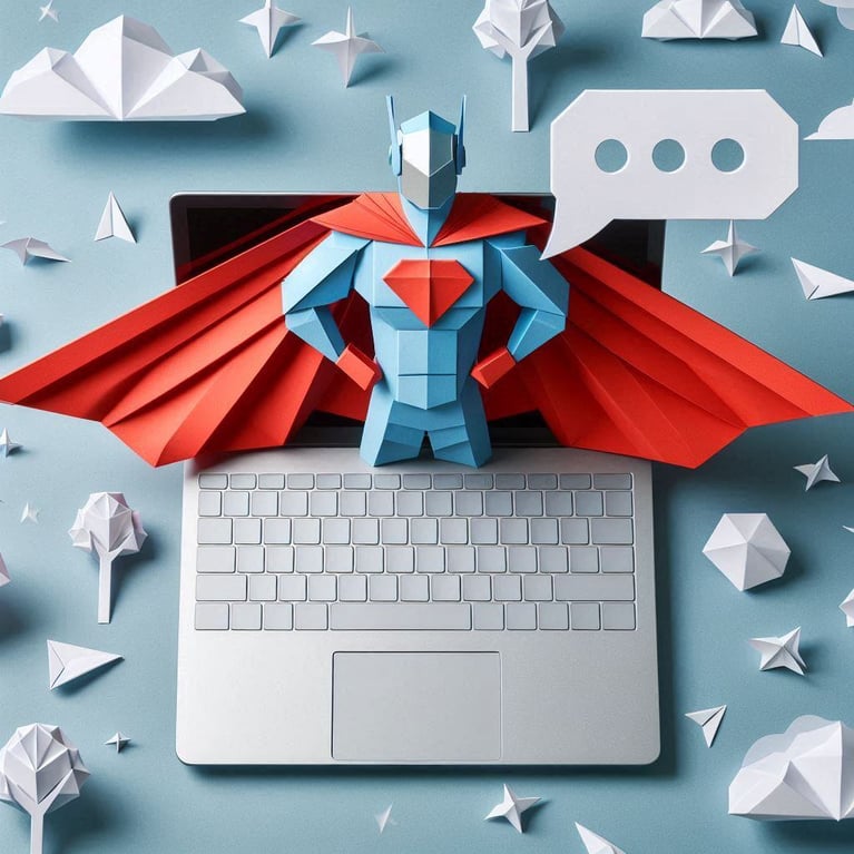 An origami-style superhero chatting digitally on laptop. The superhero is made from folded paper with sharp creases and background has paper folds tree and clouds.