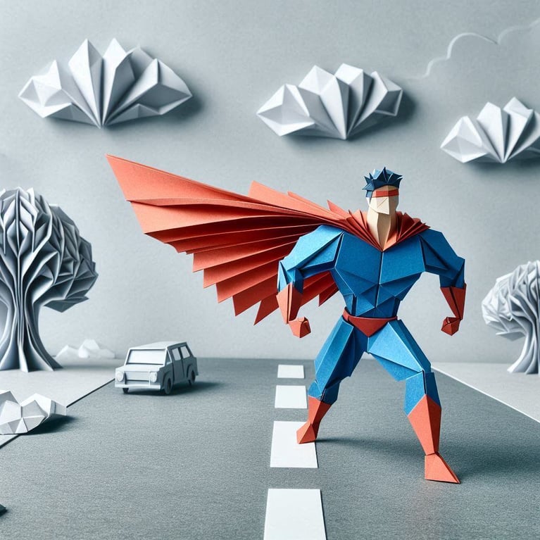 An origami-style superhero moving forward on road, made from folded paper with sharp creases, and background has paper folds tree and clouds, looking realistic