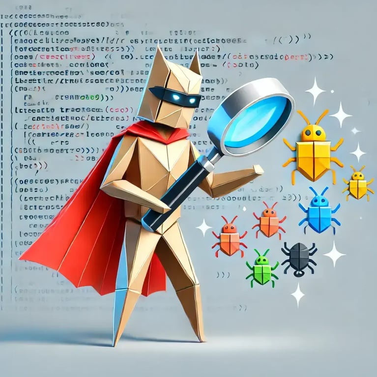 a superhero holding a magnifying glass over code, with animated bugs or errors being zapped away. The character is