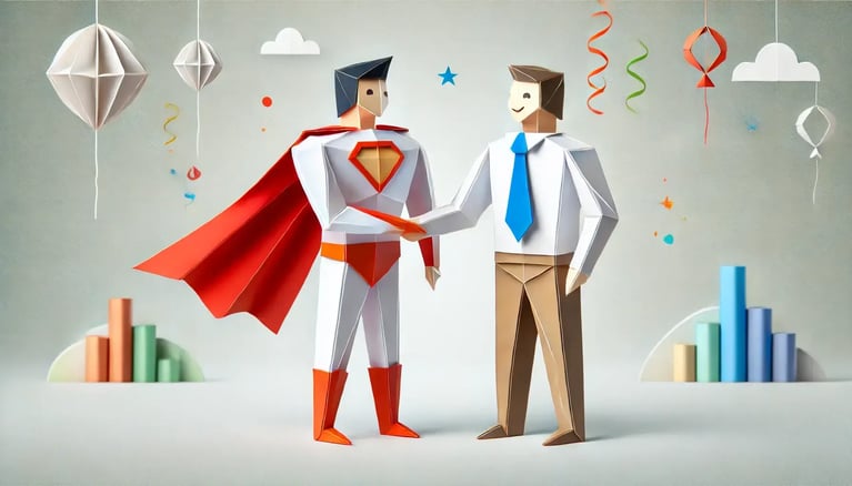 image featuring a superhero shaking hands with a happy client, symbolizing a successful project completion. The characters are crafte