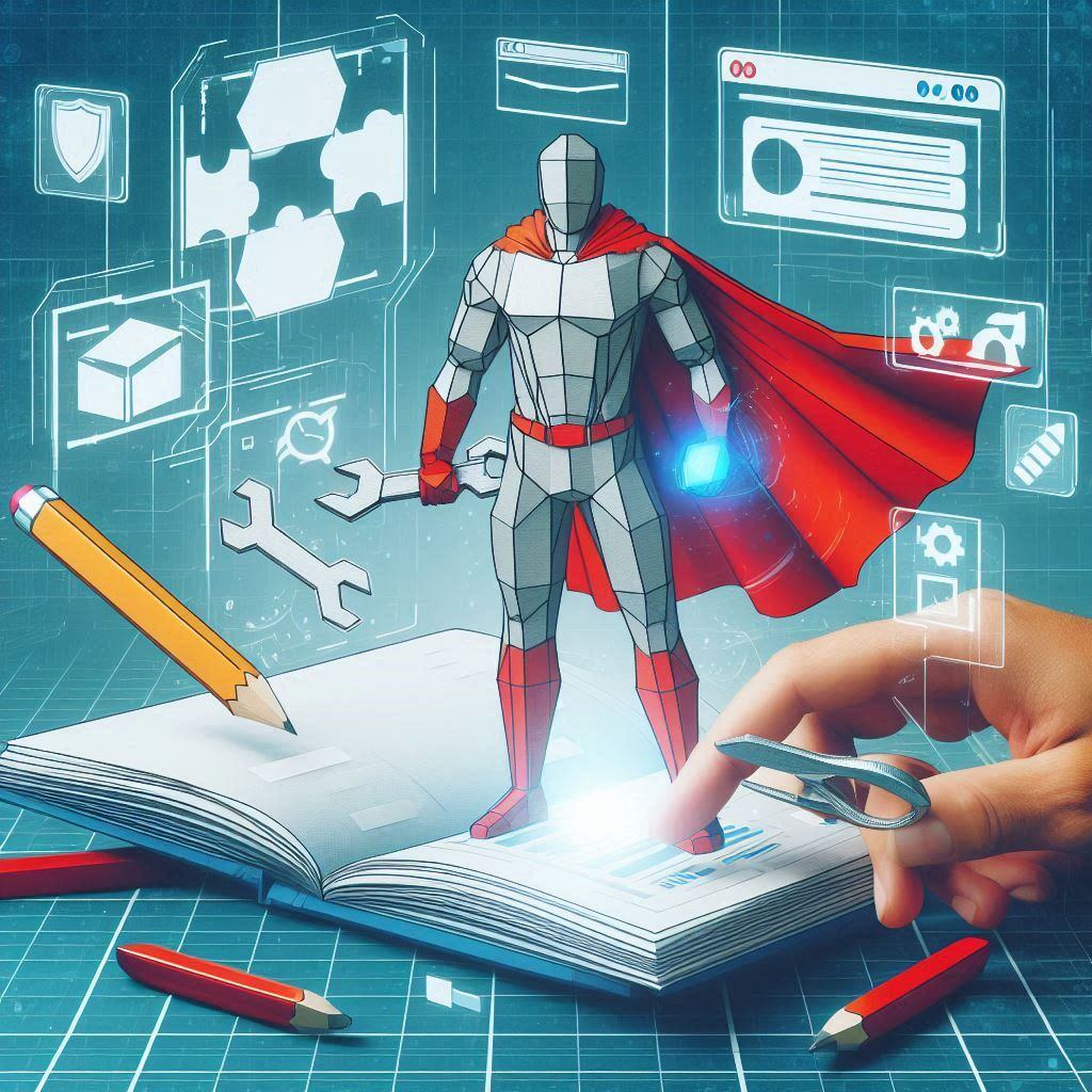 An origami style image featuring a superhero using a virtual toolkit or futuristic holograms to build or modify a website, crafted to look like origami (1)