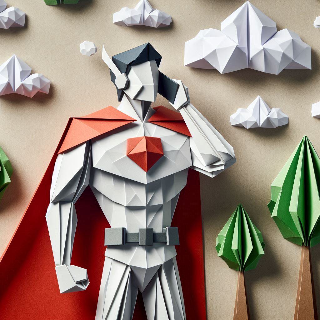 An origami-style superhero talking on phone, made from folded paper with sharp creases, with a background of paper folds tree and clouds.