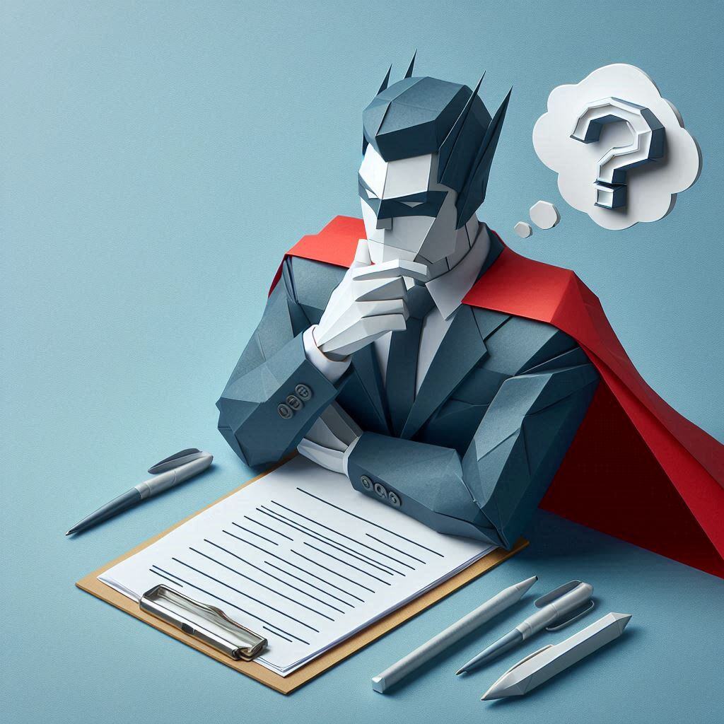 An origami-style superhero thinking of Request a quote to a form, made from folded paper with sharp creases